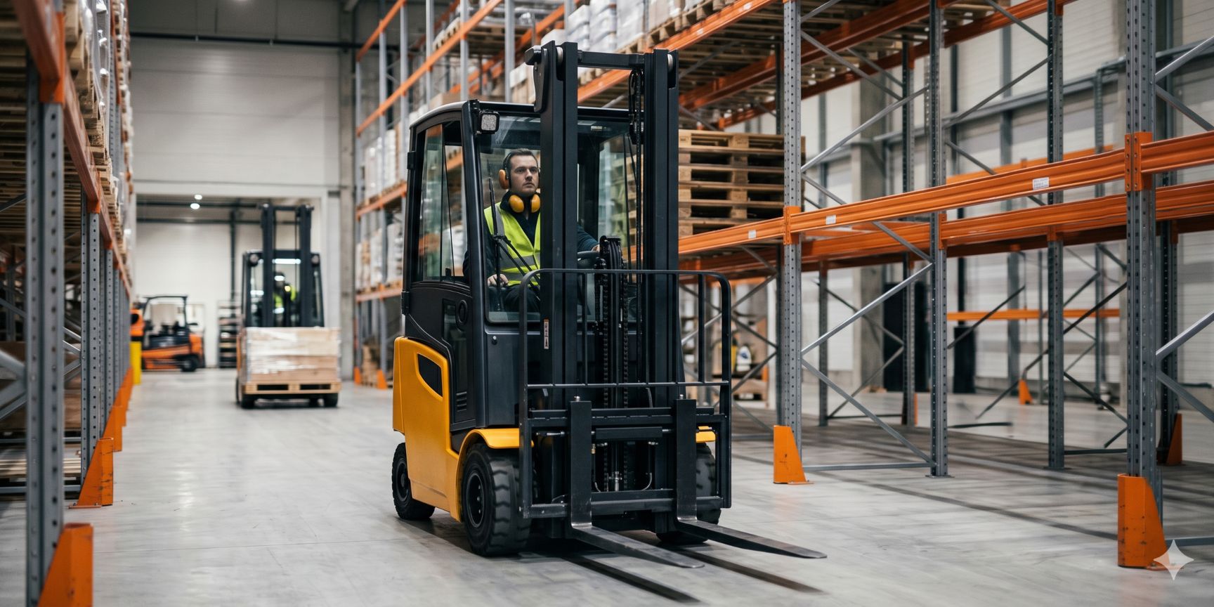 An unused forklift truck drives empty through a spacious warehouse. Empty shelf spaces are visible in the background, indicating unused capacity and inefficient operations.